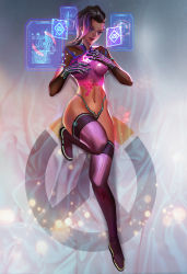 Rule 34 | 1girl, asymmetrical hair, breasts, dark-skinned female, dark skin, dissolving clothes, fan yang (jiuge), highres, holographic interface, looking at viewer, lying, multicolored hair, navel, on back, overwatch, overwatch 1, parted lips, sidecut, smile, solo, sombra (overwatch), stomach, thighhighs, thong, two-tone hair, undercut