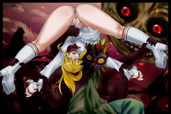 Rule 34 | ass, blonde hair, blush, boots, crossover, emilie de rochefort, fingerless gloves, gloves, majora (entity), muscle buster, namco, nintendo, open mouth, panties, restrained, ryona, skull kid, spread legs, tekken, the legend of zelda, the legend of zelda: majora&#039;s mask, top-down bottom-up, uncensored, underwear