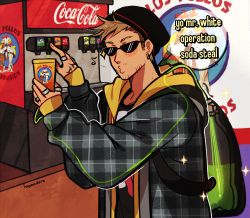 Rule 34 | 1boy, absurdres, animification, beanie, black hat, breaking bad, brown hair, coca-cola, cup, ear piercing, english text, facial hair, fanta, hat, highres, holding, holding cup, hood, hood down, huyandere, jacket, jesse pinkman, jewelry, long sleeves, los pollos hermanos, male focus, meme, monster energy, mountain dew, multiple rings, musical note, o3o, open clothes, open jacket, operation soda steal (meme), piercing, ring, signature, soda fountain, solo, sparkle, sprite (drink), stubble, sunglasses