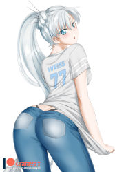 Rule 34 | 1girl, arched back, ass, blue eyes, blush, butt crack, casual, clothes writing, denim, embarrassed, from behind, highres, jeans, kimmy77, long hair, looking at viewer, looking back, open mouth, pants, parted lips, ponytail, rwby, scar, scar across eye, scar on face, shiny skin, shirt, shirt tug, short sleeves, side ponytail, simple background, smile, solo, standing, t-shirt, thong, weiss schnee, whale tail (clothing), white background, white shirt