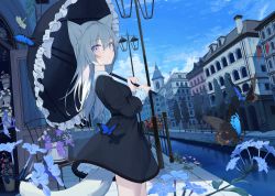 Rule 34 | 1girl, absurdres, animal ears, black dress, black umbrella, blue flower, blue sky, breasts, building, canal, closed mouth, cloud, commentary request, day, dress, flower, flower box, frilled sleeves, frilled umbrella, frills, grey hair, hair between eyes, highres, holding, holding umbrella, huge filesize, lamppost, long hair, long sleeves, mikisai, original, outdoors, purple eyes, purple flower, railing, red flower, sky, small breasts, solo, standing, tail, umbrella, very long hair, water, window