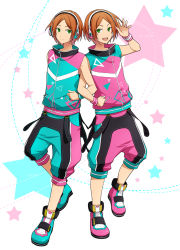 Rule 34 | 10s, 2boys, aoi hinata, aoi yuta, brothers, brown hair, character name, ensemble stars!, full body, green eyes, headphones, locked arms, male focus, multiple boys, shoes, short hair, shorts, siblings, simple background, star (symbol), tank top, twins, wristband