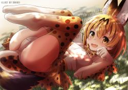 Rule 34 | 10s, 1girl, :d, animal ears, artist name, bad id, bad pixiv id, blonde hair, blush, bow, bowtie, brown eyes, dappled sunlight, fang, from side, full body, grass, hair between eyes, kemono friends, looking at viewer, lying, on back, on ground, open mouth, panties, paw pose, plantar flexion, saruei, serval (kemono friends), serval print, serval tail, shirt, skirt, sleeveless, sleeveless shirt, smile, solo, sunlight, tail, thighhighs, underwear, white panties