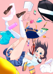 Rule 34 | 1girl, blue eyes, blue skirt, book, brown footwear, brown hair, candy, cellphone, earphones, eraser, falling, food, hi iro, kneehighs, loafers, lollipop, long legs, neckerchief, open mouth, original, pencil, pencil case, phone, pink background, pleated skirt, red neckerchief, shirt, shoe loss, shoes, short sleeves, simple background, skirt, smartphone, socks, solo, sweatdrop, twintails, white shirt, white socks