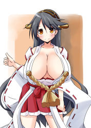 Rule 34 | 10s, 1girl, bare shoulders, black hair, breasts, brown eyes, bursting breasts, cleavage, collarbone, detached sleeves, female focus, hair ornament, haruna (kancolle), highres, hip focus, huge breasts, japanese clothes, kantai collection, legs, long hair, naruse mai, no bra, open clothes, skirt, solo, standing, very long hair