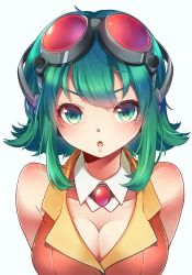 Rule 34 | 1girl, arms behind back, blush, breasts, cleavage, from above, goggles, goggles on head, green eyes, green hair, gumi, looking at viewer, matching hair/eyes, nou (nounknown), open mouth, short hair, solo, vocaloid