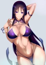 Rule 34 | 1girl, arm up, armpits, bikini, blush, bracelet, breasts, closed mouth, collarbone, contrapposto, cowboy shot, fate/grand order, fate (series), grey background, jewelry, kameponde, large breasts, long hair, looking at viewer, minamoto no raikou (fate), navel, purple bikini, purple eyes, purple hair, simple background, smile, solo, standing, swimsuit, thighs, very long hair