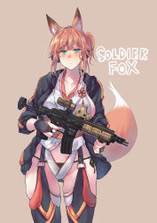 Rule 34 | 1girl, animal ears, black gloves, black jacket, black legwear, black panties, blue eyes, brown background, brown hair, closed mouth, clothing cutout, commentary request, cowboy shot, english text, fox ears, fox girl, fox tail, frown, garter straps, gloves, gun, half gloves, highres, holding, holding gun, holding weapon, jacket, japanese clothes, leotard, long sleeves, looking at viewer, navel, navel cutout, open clothes, open jacket, orange hair, original, panties, sawaya (mizukazu), short hair, side-tie panties, simple background, solo, standing, string panties, tail, thighs, underwear, weapon, weapon request, white leotard