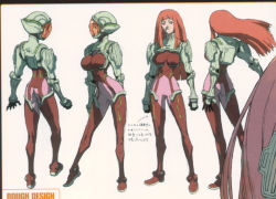 Rule 34 | 00s, 1girl, arched back, arm behind back, armor, arrow (symbol), ass, blunt bangs, bodysuit, breasts, character sheet, english text, floating hair, from behind, helmet, ken marinaris, large breasts, long hair, looking at viewer, looking away, masao tsubasa, multiple views, official art, pilot suit, profile, purple eyes, red hair, scan, sidelocks, simple background, sketch, standing, tiptoes, transparent, turnaround, visor, white background, zoe2, zone of the enders, zone of the enders 2