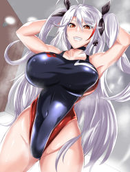 Rule 34 | 1girl, azur lane, bow, breasts, brown eyes, choker, competition swimsuit, cross, earrings, grin, hair bow, highres, huge breasts, iron cross, jewelry, long hair, one-piece swimsuit, prinz eugen (azur lane), puripuri jet, silver hair, skin tight, smile, solo, swimsuit, teeth, twintails, very long hair