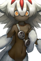 Rule 34 | 1girl, artist request, black skin, bright pupils, colored skin, dark-skinned female, dark skin, extra arms, faputa, highres, looking at viewer, made in abyss, midriff, monster girl, navel, simple background, solo, strap slip, very dark skin, wavy mouth, white background, white hair, yellow eyes