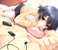 Rule 34 | 1girl, bad id, bad pixiv id, bed, black hair, cellphone, digital media player, earbuds, earphones, foreshortening, ipod, kinta (distortion), long hair, looking at viewer, lying, original, phone, pillow, pointing, pov, red eyes, school uniform, skirt, solo, sweater, tareme, thighhighs, white thighhighs