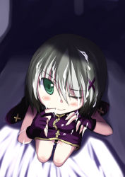 Rule 34 | 1girl, bed, blush, cum, cum on body, cum on hair, cum on upper body, facial, fingerless gloves, foreshortening, from above, gloves, green eyes, grey hair, lyrical nanoha, mahou shoujo lyrical nanoha, mahou shoujo lyrical nanoha a&#039;s, mahou shoujo lyrical nanoha a&#039;s portable: the battle of aces, lord dearche, md5 mismatch, multicolored hair, one eye closed, sakage w, sleeveless, smile, solo, wink
