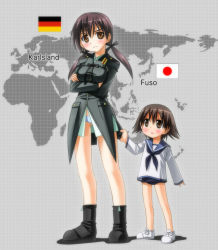 Rule 34 | &gt;:(, 00s, 2girls, :o, ankle boots, bare legs, black bow, black bowtie, black footwear, boots, bow, bowtie, breasts, brown eyes, child, clothes tug, crossed arms, frown, full body, german flag, gertrud barkhorn, hair ribbon, height difference, japanese flag, long hair, long sleeves, looking at viewer, low twintails, map, medium breasts, military, military uniform, miyafuji yoshika, multiple girls, no pants, no socks, one-piece swimsuit, open mouth, panties, pantyshot, pocket, purple hair, ribbon, sailor collar, school swimsuit, shoes, sleeves past wrists, standing, strike witches, swimsuit, swimsuit under clothes, tareme, twintails, umekichi, underwear, uniform, v-shaped eyebrows, white footwear, world witches series