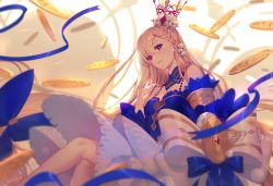 Rule 34 | 1girl, artist name, blonde hair, blue dress, blue ribbon, blue sleeves, braid, breasts, cleavage, closed mouth, coin, commentary, crossed legs, crown, detached sleeves, dress, gold trim, halter dress, halterneck, hand on own shoulder, highres, long hair, looking at viewer, lucidsky, masterwork apocalypse, medium breasts, pearl hair ornament, red eyes, ribbon, side braid, sitting, solo, very long hair, victoria (masterwork apocalypse)