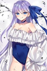Rule 34 | 1girl, :q, bad id, bad twitter id, bare shoulders, blue choker, blue eyes, blue one-piece swimsuit, blue ribbon, blush, breasts, bubble, choker, cleavage, closed mouth, commentary, covered navel, cowboy shot, fate/grand order, fate (series), frilled sleeves, frills, hair ribbon, long hair, looking at viewer, maco spl, medium breasts, meltryllis, meltryllis (fate), meltryllis (swimsuit lancer) (fate), meltryllis (swimsuit lancer) (second ascension) (fate), one-piece swimsuit, purple hair, ribbon, sleeves past wrists, smile, solo, standing, swimsuit, tongue, tongue out, very long hair, white sleeves