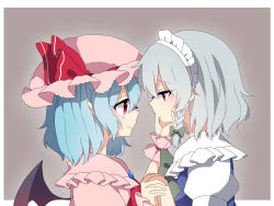 Rule 34 | 2girls, ascot, bat wings, blue hair, braid, brooch, dress, frilled shirt collar, holding hands, hand on another&#039;s chin, hand on another&#039;s face, hat, hat ribbon, interlocked fingers, izayoi sakuya, jewelry, maid, maid headdress, mob cap, multiple girls, pink dress, puffy short sleeves, puffy sleeves, red eyes, remilia scarlet, renka (sutegoma25), ribbon, short sleeves, silver hair, smile, touhou, wings, wrist cuffs, yuri