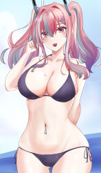 Rule 34 | 1girl, :d, absurdres, arm behind back, azur lane, bare shoulders, bikini, black bikini, blue sky, breasts, bremerton (azur lane), cleavage, cloud, collarbone, commentary request, cowboy shot, day, gluteal fold, grey hair, groin, hair between eyes, hair intakes, hair ornament, hairclip, hand up, highres, large breasts, long hair, looking at viewer, mole, mole on breast, mole under eye, multicolored hair, navel, navel piercing, open mouth, partial commentary, piercing, pink eyes, pink hair, side-tie bikini bottom, sidelocks, sky, smile, solo, standing, stomach, streaked hair, swimsuit, twintails, two-tone hair, yuuki atori