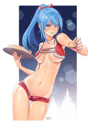 Rule 34 | 1girl, bare shoulders, bikini, bikini top only, blue hair, blurry, blush, bow, breasts, cake, cleavage, contrapposto, depth of field, feeding, food, fur trim, hair bow, hair over one eye, incoming food, karanak, large breasts, long hair, looking at viewer, navel, original, parted lips, pine tree, ponytail, pov feeding, red eyes, shiny skin, short shorts, shorts, skinny, slender, smile, snow, solo, standing, swimsuit, thigh gap, thighs, tray, tree, underboob