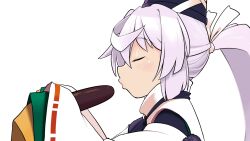 Rule 34 | 1girl, animated, animated gif, closed eyes, from side, grey hair, hair between eyes, hands up, hat, holding, japanese clothes, kagehito, kariginu, light blush, long hair, mononobe no futo, object kiss, pom pom (clothes), ponytail, profile, puckered lips, sexually suggestive, simple background, sleeves past fingers, sleeves past wrists, solo, sound effects, tate eboshi, touhou, upper body, white background