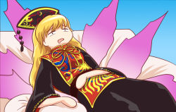 Rule 34 | 1girl, black dress, blonde hair, chinese clothes, dress, drooling, fox tail, junko (touhou), long hair, long sleeves, lying, okema, on back, saliva, solo, tabard, tail, touhou