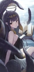 Rule 34 | 1girl, arm support, black dress, black eyes, blank page, blurry, book, breasts, depth of field, dress, halo, highres, hololive, hololive english, huhi (huhi 1211), long hair, looking back, low wings, medium breasts, ninomae ina&#039;nis, ninomae ina&#039;nis (1st costume), open book, pointy ears, purple hair, short dress, sideboob, single thighhigh, smile, strapless, strapless dress, tentacle hair, tentacles, thighhighs, tube dress, virtual youtuber, white thighhighs, white wings, wings