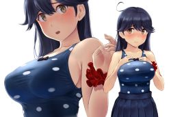 Rule 34 | 1girl, ahoge, black hair, blush, bow, brown eyes, kantai collection, long hair, looking at viewer, one-piece swimsuit, open mouth, scrunchie, simple background, skirt, solo, swimsuit, ushio (kancolle), wa (genryusui), white background, wrist scrunchie