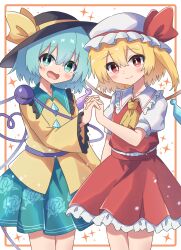 Rule 34 | 2girls, absurdres, ascot, black hat, blonde hair, blush, flandre scarlet, green eyes, green hair, green skirt, hat, high meron, highres, holding hands, mob cap, multiple girls, open mouth, red eyes, red shirt, red skirt, shirt, side ponytail, skirt, smile, touhou, white background, white hat, yellow ascot, yellow shirt