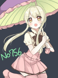 Rule 34 | 1girl, black bow, black bowtie, blonde hair, blue background, blush, bow, bowtie, brown eyes, creatures (company), dot nose, eyebrows, game freak, gen 7 pokemon, highres, holding, holding umbrella, long hair, miniskirt, nintendo, open mouth, ougi hina, personification, pink skirt, pleated skirt, pokedex number, pokemon, puffy short sleeves, puffy sleeves, purple umbrella, shiinotic, shirt, short sleeves, simple background, skirt, solo, umbrella, v-shaped eyebrows, white shirt