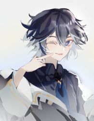Rule 34 | 1boy, beat5727, black hair, blue eyes, blush, elsword, facing to the side, grey background, highres, jacket, long sleeves, looking at viewer, male focus, noah ebalon, one eye closed, pointing, short hair, simple background, solo, stellar caster (elsword), tongue, tongue out, white background, white hair