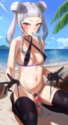 Rule 34 | 1girl, bare shoulders, beach, bikini, black bikini, black choker, black gloves, black thighhighs, blunt bangs, blush, breasts, censored, choker, closed mouth, covered erect nipples, criss-cross halter, day, double bun, frikulu, gloves, hair bun, hair ornament, halterneck, highres, hololive, kneeling, long hair, looking at viewer, murasaki shion, murasaki shion (hololive summer 2019), navel, ocean, outdoors, sand, silver hair, sky, small breasts, solo, swimsuit, thighhighs, tongue, tongue out, twintails, virtual youtuber, water, yellow eyes