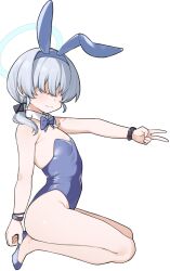 Rule 34 | 1girl, animal ears, bare arms, bare legs, bare shoulders, blue archive, blush, bow, bowtie, breasts, closed mouth, detached collar, fake animal ears, grey hair, hair over eyes, hairband, halo, highres, leotard, looking at viewer, nago purin, playboy bunny, purple bow, purple bowtie, purple hairband, purple leotard, rabbit ears, rabbit tail, seiza, short hair, simple background, sitting, small breasts, smile, solo, strapless, strapless leotard, tail, v, valkyrie police academy student (blue archive), white background, wristband