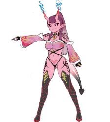 Rule 34 | black sclera, colored sclera, colored skin, commission, demon girl, detached sleeves, fingerless gloves, fire, fire, fur trim, gloves, gradient tail, gs16 (chug), harness, heels, horns, jewelry, jourjii, long hair, necklace, oni horns, original, pink hair, pink skin, ponytail, pubic tattoo, purple hair, sketch, strap, tail, tattoo, arm tattoo, tattoo on legs, thong, white background