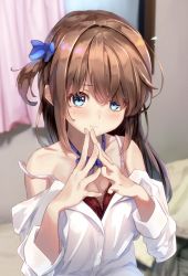 Rule 34 | 1girl, bed, bedroom, blue bow, blue bowtie, blue eyes, blurry, blurry background, blush, bow, bowtie, bra, breasts, brown hair, cleavage, curtains, dress shirt, fingers together, flying sweatdrops, highres, indoors, long hair, long sleeves, looking at viewer, medium breasts, one side up, original, red bra, school uniform, shirt, sidelocks, smile, solo, steepled fingers, underwear, undressing, upper body, wata0933, white shirt