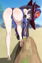 Rule 34 | 1girl, anus, anus peek, aruman, ass, bare shoulders, bent over, blush, breasts, cameltoe, detached sleeves, elbow gloves, from behind, genshin impact, gloves, green eyes, hair ornament, hat, high heels, highres, leaning, leaning forward, leotard, long hair, looking at viewer, looking back, mona (genshin impact), purple hair, shiny clothes, shiny skin, sideboob, solo, thighlet, twintails, very long hair