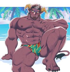 Rule 34 | 1boy, abs, another eidos-r, bara, beard, blush, brown hair, bulge, colored sclera, colored skin, deer boy, demon boy, demon horns, facial hair, foot out of frame, forked eyebrows, green eyes, green male swimwear, hairy, highres, horns, knee up, large pectorals, looking at viewer, male focus, male swimwear, mature male, multicolored hair, muscular, muscular male, mustache stubble, navel, navel hair, nipples, pectorals, pointy ears, print male swimwear, sanpaku, shy, solo, sparse chest hair, sparse navel hair, stalon (another eidos), stomach, strongman waist, stubble, swim briefs, thick eyebrows, thick thighs, thighs, topless male, tusks, yakisoba ohmori