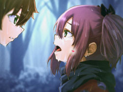 Rule 34 | 1boy, 1girl, black bow, black scarf, blurry, blurry background, bow, brown eyes, brown hair, chuunibyou demo koi ga shitai!, eye contact, forest, from side, hair bow, looking at another, nature, open mouth, outdoors, parted lips, purple hair, scarf, shichimiya satone, tears, teeth, togashi yuuta, tongue, tree, tro illust0821, wet