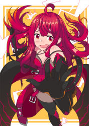 Rule 34 | 1girl, :o, ahoge, black footwear, black gloves, boots, cowboy shot, crimson avenger (elsword), d.c (kdh4016), elbow gloves, elesis (elsword), elsword, gloves, leotard, long hair, looking at viewer, outstretched hand, red eyes, red hair, solo, standing, standing on one leg, sword, thigh boots, thighhighs, weapon, yellow background
