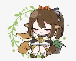 Rule 34 | 1girl, animal, animal ears, arknights, black bow, bow, brown footwear, brown shirt, chibi, closed eyes, commentary request, fennec fox, fox ears, fox girl, fox tail, full body, hair bow, long hair, official alternate costume, open mouth, orange bow, perfumer (arknights), perfumer (leisurely afternoon) (arknights), petting, plant, ponytail, potted plant, shirt, sidelocks, simple background, sitting, slippers, solo, tail, white background, xijian