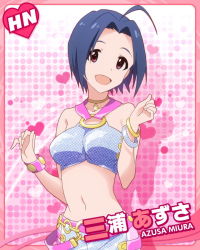 Rule 34 | 10s, :d, ahoge, blue hair, blush, bracelet, card (medium), character name, halterneck, idolmaster, idolmaster (classic), idolmaster million live!, jewelry, looking at viewer, midriff, million dreams (idolmaster), miura azusa, navel, necklace, o-ring, o-ring top, official art, open mouth, pink background, red eyes, short hair, smile, solo