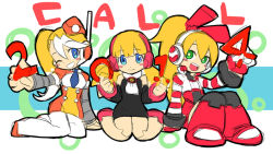 Rule 34 | 10s, 2014, 3girls, blonde hair, blue eyes, blush stickers, call (mighty no. 9), call e, call f, call h, garrison cap, green eyes, hat, headphones, joints, kneeling, long hair, low twintails, mighty no. 9, multicolored hair, multiple girls, multiple persona, natsume yuji, natsume yuuji, official art, ponytail, robot ears, robot joints, side ponytail, sitting, sketch, smile, twintails, two-tone hair, uniform, white hair, yokozuwari