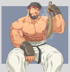 Rule 34 | 1boy, abs, bara, beard, black hair, facial hair, fingerless gloves, forked eyebrows, gloves, headband, highres, holding, holding clothes, holding footwear, invisible chair, large pectorals, male focus, midriff sarashi, muscular, muscular male, nipples, pants, pectorals, red headband, ryu (street fighter), sarashi, short hair, simple background, sitting, solo, street fighter, street fighter 6, sweatdrop, tetsu (kurotetsu1379), thick eyebrows, topless male, waraji, white pants