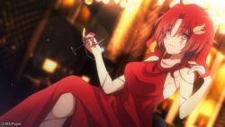 Rule 34 | 1girl, absurdres, armpits, blaise shinryu, blurry, blurry background, breasts, brown eyes, closed mouth, collarbone, copyright notice, cup, dress, drinking glass, eien project, highres, holding, holding cup, long hair, medium breasts, nekoromancer, red dress, red hair, red wine, scar, scar across eye, sleeveless, sleeveless dress, solo, virtual youtuber, wine, wine glass, wing hair ornament