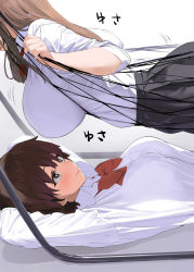 Rule 34 | 2girls, black skirt, blush, bow, bowtie, breasts, brown hair, closed mouth, gradient background, huge breasts, kaisen chuui, large breasts, long hair, long sleeves, looking at another, lying, multiple girls, on back, original, red bow, red bowtie, school uniform, shirt, shirt tucked in, short hair, skirt, smile, white shirt