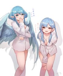 Rule 34 | 2girls, adjusting hair, bad id, bad pixiv id, blue eyes, blue hair, blush, breasts, celeas, cleavage, commentary request, covering own mouth, feathered wings, feet out of frame, highres, knees together feet apart, last period, leaning forward, long hair, looking at viewer, medium breasts, multiple girls, naked shirt, olden, open mouth, pointy ears, red eyes, shirt, sidelocks, signature, simple background, smile, standing, translation request, uji matcha, white background, wings