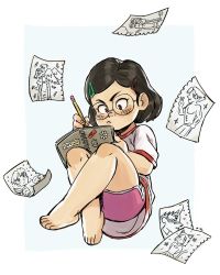Rule 34 | 1girl, angel wings, animal ears, barefoot, black hair, blush, brown eyes, cat ears, child, closed mouth, disney, drawing, feet, focused, full body, glasses, hair ornament, hairclip, highres, holding, holding pencil, kinuko (kinucakes), meilin lee, multicolored shirt, muscular, muscular male, no shirt, notebook, pants, paper, pencil, pink shorts, shirt, short hair, shorts, simple background, solo, turning red, white shirt, wings