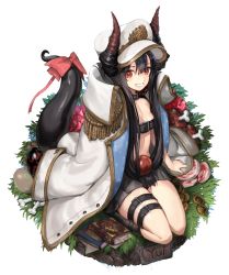 Rule 34 | 1girl, :d, bangosu, belt bra, black hair, black skirt, black socks, boned meat, book, bookmark, bow, breasts, buckle, character name, cleavage, coat, collar, commentary request, cookie, easter egg, egg, food, full body, grin, hair between eyes, hat, highres, horns, jacket, jacket on shoulders, kneehighs, long hair, long sleeves, looking at viewer, low-tied long hair, meat, military hat, miniskirt, open clothes, open coat, open mouth, pink bow, red eyes, seiza, sitting, skirt, small breasts, smile, socks, solo, tail, tail bow, tail ornament, teeth, thigh strap, very long hair, vgaming, virtual youtuber, white coat, white hat, yoruno yui
