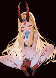 Rule 34 | 1girl, absurdres, bare shoulders, bikini, black background, black bikini, blonde hair, blush, breasts, candy, facial mark, fang, fate/grand order, fate (series), food, highres, horns, ibaraki douji (fate), ibaraki douji (fate/grand order), ibaraki douji (swimsuit lancer) (fate), ibaraki douji (swimsuit lancer) (first ascension) (fate), ice cream, lollipop, long hair, looking at viewer, mouth hold, oni horns, pointy ears, sb lama, simple background, sitting, small breasts, solo, swimsuit, tattoo, yellow eyes