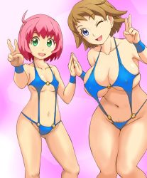 Rule 34 | 2girls, ;d, blue eyes, breasts, brown hair, collarbone, earrings, covered erect nipples, groin, gundam, gundam build divers, hands together, highres, jewelry, large breasts, multiple girls, nanase nanami (gundam build divers), navel, o-ring, one eye closed, open mouth, pink hair, pubic hair, short hair, slingshot swimsuit, small breasts, smile, swimsuit, tof, v, wristband, yashiro momoka