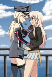 Rule 34 | ahoge, angry, bare shoulders, bismarck (kancolle), blonde hair, blue eyes, blush, breasts, creator connection, crossover, day, grey legwear, hanna-justina marseille, hat, kantai collection, large breasts, look-alike, looking at another, military, military uniform, ocean, size difference, skindentation, skirt, sky, smile, strike witches, teeth, thighhighs, uniform, world witches series, yuri, zero (73ro)